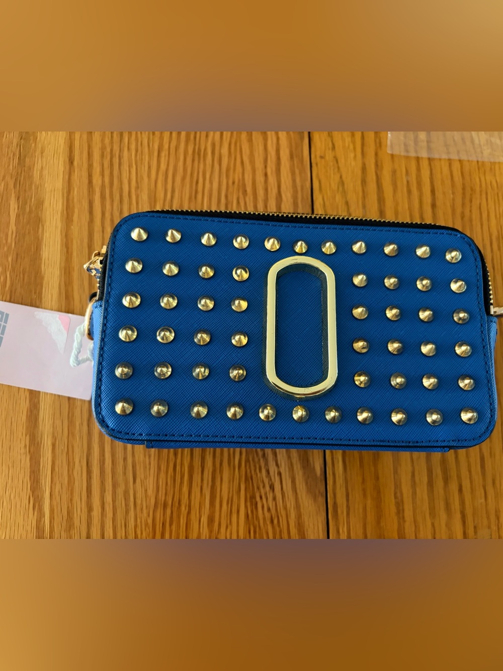 Blue Studded Zip camera bag with Gold Accents
